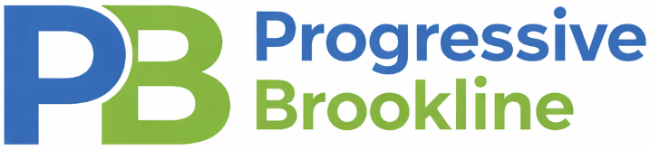 Logo of Progressive Brookline, which is a stylized P and B next to the name of the organization. 