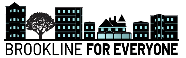 Logo of Brookline for Everyone, which depicts the silhouettes of multiple types of housing and a tree above the name of the organization.